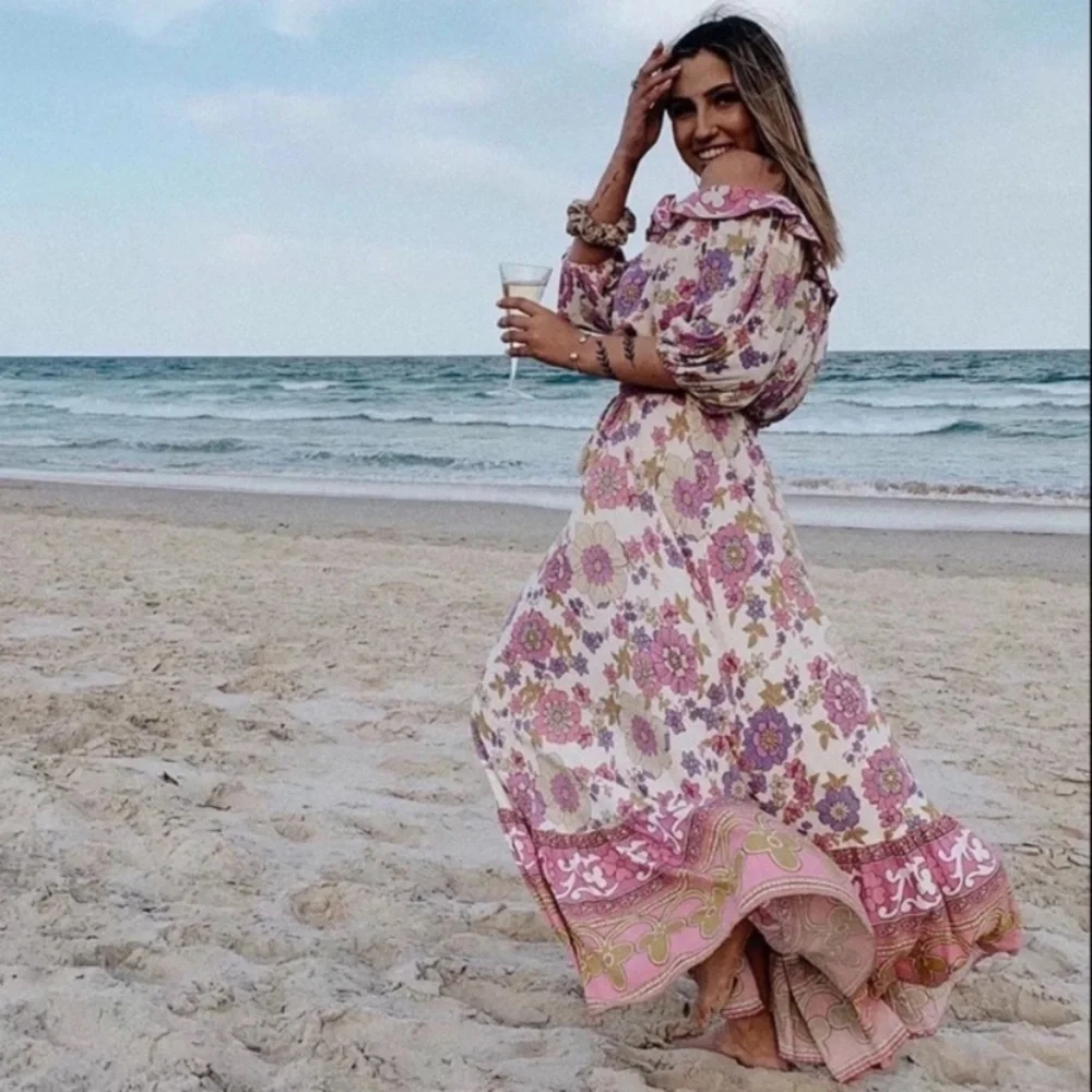 Waverly Floral Gypsy Bohemian Off Shoulder Blouse & Maxi Ruffle Skirt Set - Picture 10 of 13